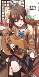  absurdres black_thighhighs blue_bow bow female guitar hair_between_eyes highres indoors instrument long_hair long_sleeves looking_at_viewer nagase_yuka open_mouth riot_music school_uniform shirt sitting skirt smile solo tare_negima thighhighs virtual_youtuber 