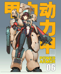  :o armor bodysuit breasts brown_eyes brown_hair chainsaw chinese_commentary chinese_text commentary_request cyberpunk english_text exoskeleton facing_viewer female full_body gradient_background grey_background grey_bodysuit gun highres holding holding_gun holding_weapon looking_to_the_side original photoshop_(medium) power_armor red_ace saw science_fiction solo standing submachine_gun weapon 