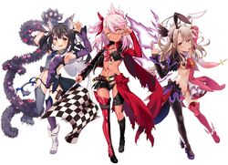  3girls animal_ears animal_hands bell black_hair blonde_hair boots boshi_(a-ieba) cat_paws checkered_flag chloe_von_einzbern chloe_von_einzbern_(type-moon_racing) dark_skin fate/kaleid_liner_prisma_illya fate_(series) flag frilled_skirt frills garter_straps hair_ornament hair_ribbon hairpin high_heels highres illyasviel_von_einzbern magical_ruby meme_attire middle_finger midriff miyu_edelfelt miyu_edelfelt_(beast_style) multiple_girls navel pink_hair prisma_illya prisma_illya_(zwei_form) rabbit_ears reverse_bunnysuit reverse_outfit ribbon skirt tattoo testament_(fate) thigh_boots thighhighs thong tongue 