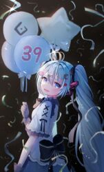  1925_(vocaloid) 39 39_(vocaloid) absurdres apple_hair_ornament aqua_hair back_bow balloon bandage_on_neck black_gloves black_ribbon blue_eyes bow butterfly_hair_ornament commentary cowboy_shot crescent crescent_hair_ornament cross-laced_clothes cross-laced_sleeves crown drill_hair female food-themed_hair_ornament gloves hair_ornament hair_ribbon hatsune_miku highres holding holding_balloon long_hair looking_at_viewer looking_to_the_side magnet_(vocaloid) number_hair_ornament ribbon ririru rolling_girl_(vocaloid) romeo_to_cinderella_(vocaloid) senbonzakura_(vocaloid) shirt short_sleeves solo songover suna_no_wakusei_(vocaloid) tell_your_world_(vocaloid) tilted_headwear tokumei_m_(vocaloid) twin_drills twintails vampire_(vocaloid) very_long_hair vocaloid white_shirt 