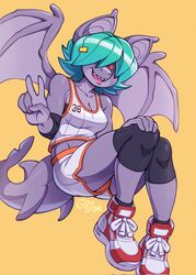  2022 anthro basketball_uniform bat blue_hair bottomwear clothing countershading digital_media_(artwork) english_text female fish footwear gesture glowing glowing_eyes goobone hair hair_over_eye hand_gesture hi_res hybrid low-angle_view mammal marine one_eye_obstructed red_eyes shadowed_eyes shark sharp_teeth shoes shorts simple_background sneakers solo sports_(goobone) sportswear tail teeth text thick_tail uniform v_sign yellow_background 