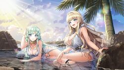  2girls :d bikini blonde_hair blue_eyes breasts cleavage dolphin_wave frown green_hair hair_intakes highres kirahoshi_kanna kishimen_hair large_breasts long_hair looking_at_viewer lying marvelous multiple_girls official_art on_stomach outdoors palm_tree partially_submerged selena_lewis sitting smile swimsuit tree wavy_hair white_bikini 