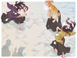  3boys black_hair blonde_hair brothers day facial_mark floating_hair hakama holding holding_snowball in_the_face japanese_clothes kimetsu_no_yaiba kimono long_hair long_sleeves male_focus mintiaorion multiple_boys out_of_frame outdoors outside_border ponytail sandals sengoku_fire_hashira shadow siblings smile snow snowball snowball_fight squatting standing tabi tsugikuni_michikatsu tsugikuni_yoriichi wide_sleeves winter yellow_kimono zouri 