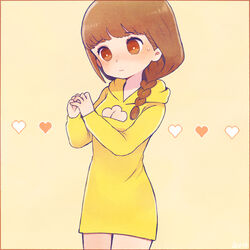  ayu_(mog) blush braid breasts bright_pupils brown_eyes brown_hair cleavage cleavage_cutout closed_mouth clothing_cutout cowboy_shot dress female freckles hair_over_shoulder hands_up heart hood hood_down hooded_dress jyushimatsu&#039;s_girlfriend medium_hair osomatsu-san osomatsu_(series) short_dress solo standing sweatdrop yellow_background yellow_dress 