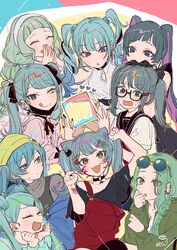  6+girls :3 animal_(vocaloid) bandaid bandaid_on_arm beanie black_hair black_nails blue_eyes blue_hair blush braid choker cinderella_(vocaloid) colored_inner_hair commentary cone_hair_bun creator_connection dilemma_(vocaloid) ear_piercing earrings english_commentary everyone eyewear_on_head facial_mark gift_(vocaloid) glasses hair_bun hair_ornament hairband hairclip hassan_(sink916) hat hatsune_miku heart heart_earrings heterochromia highres jewelry jirai_kei joutai_ijou_kanojo_(vocaloid) kesaran_pasaran_(vocaloid) long_hair mannequin_(vocaloid) mole mole_under_eye mosaic_roll_(vocaloid) multi-tied_hair multicolored_hair multiple_girls multiple_persona oerba_yun_fang ojama_mushi_ii_(vocaloid) one_eye_closed parasite_(vocaloid) paw_pose piercing pink_shirt purple_hair red_eyes ring round_eyewear shirt songover star_(symbol) sunglasses suspenders suspenders_slip twin_braids twintails u_(vocaloid) vampire_(vocaloid) vocaloid whisker_markings white_hairband yellow_headwear 