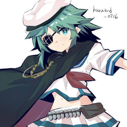  armor black_skirt cape commentary_request eyepatch female green_eyes green_hair hat kantai_collection kiso_(kancolle) kiso_kai_ni_(kancolle) looking_at_viewer one-hour_drawing_challenge pauldrons pleated_skirt sailor_hat sanninme_no_haru school_uniform serafuku short_hair shoulder_armor simple_background single_pauldron skirt solo twitter_username white_background white_skirt 