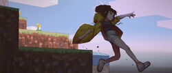  absurdres aqua_eyes aqua_shirt black_hair block_(minecraft) block_(object) blue_sky cloud coat commentary dirt drawstring english_commentary falling female flower highres hood hood_down hoplitx long_sleeves minecraft original outdoors outstretched_arms parted_lips pink_footwear ponytail shirt shoes short_shorts shorts sky sleeves_pushed_up sneakers solo water white_shorts yellow_coat yellow_flower 