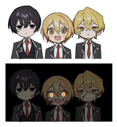  2boys :&lt; :d black_hair black_vest blonde_hair blood blood_on_face blue_eyes chibi chromatic_aberration closed_mouth collared_shirt commentary_request don_quixote_(project_moon) expressionless female frown glowing glowing_eyes grey_jacket highres jacket limbus_company mu46016419 multiple_boys necktie open_clothes open_jacket open_mouth project_moon red_necktie sanpaku shirt short_hair sinclair_(project_moon) smile sweat vest white_shirt yellow_eyes yi_sang_(project_moon) 