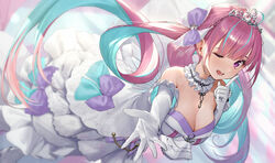  absurdres blue_hair breasts choker cleavage colored_inner_hair commentary_request dress elbow_gloves female frilled_choker frills gloves hair_ribbon highres hololive large_breasts long_hair looking_at_viewer minato_aqua minato_aqua_(aqua_iro_super_dream) multicolored_hair official_alternate_costume one_eye_closed open_mouth pink_eyes pink_hair purple_ribbon ribbon solo takubon tiara two-tone_hair very_long_hair virtual_youtuber white_gloves 