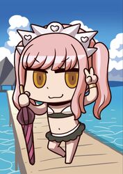  :3 april_fools bikini chibi cloud day fate/grand_order fate_(series) female highres holding holding_sword holding_weapon long_hair medb_(fate) medb_(swimsuit_saber)_(fate) medb_(swimsuit_saber)_(second_ascension)_(fate) navel official_art pier pink_hair riyo_(lyomsnpmp) solo swimsuit sword twintails v water weapon white_bikini yellow_eyes 