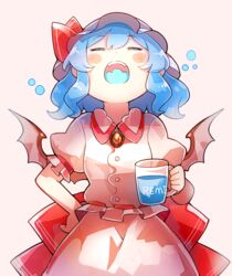  60mai =_= bat_wings blue_hair blush_stickers brooch closed_eyes commentary_request cowboy_shot cup dress fangs female gargling grey_background hair_between_eyes hand_on_own_hip hat hat_ribbon holding holding_cup jewelry mob_cap open_mouth pink_dress puffy_short_sleeves puffy_sleeves red_ribbon remilia_scarlet ribbon short_hair short_sleeves simple_background solo standing touhou wings 