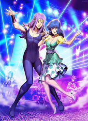  4boys arm_guards bandana black_hair bodysuit breasts choujikuu_yousai_macross cleavage commentary concert crossover dress duet electric_guitar female fog genzoman good_end guitar headband holding holding_microphone instrument kikou_souseiki_mospeada laser long_hair love_live_alive lynn_minmay macross macross:_do_you_remember_love? microphone mospeada multiple_boys music purple_hair retro_artstyle robotech robotech:_love_live_alive rock_band science_fiction signature singing skirt toned yellow_belmont 