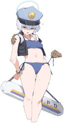  !? bikini black_jacket blue_archive blue_bikini blue_halo blue_hat breasts commentary_request cropped_jacket cropped_legs crossed_bangs disembodied_hand female flak_jacket grey_hair hair_between_eyes hair_over_eyes halo hand_on_another&#039;s_arm hat highres jacket looking_down makkurourufu open_clothes open_jacket open_mouth peaked_cap police_hat restrained side-tie_bikini_bottom simple_background small_breasts solo swimsuit twintails undressing_another valkyrie_police_academy_student_(blue_archive) valkyrie_police_academy_student_(sg)_(blue_archive) white_background yellow_eyes 