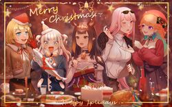  5girls absurdres alternate_costume aneco_(westsea1227) animal_costume antlers bell black_nails blonde_hair blue_eyes blunt_bangs bottle bow breasts buttons cake capelet chicken_(food) christmas christmas_tree cleavage coat coffee_mug collaboration collar cup dress drinking_glass english_text eyewear_on_head feeding fingernails fish food fork fruit fur_collar gawr_gura gift gloves gradient_hair hair_ornament hat highres hololive hololive_english holomyth horns jewelry large_breasts long_hair long_sleeves merry_christmas misu_(miisuuu) mole mole_under_eye mori_calliope mug multicolored_hair multiple_girls nail_polish neck_bell necklace ninomae_ina&#039;nis one_eye_closed open_mouth orange_hair pink_eyes pink_hair pizza pointy_ears purple_eyes purple_hair red_gloves red_nails red_shirt reindeer_antlers reindeer_costume ribbon santa_hat sharp_teeth shirt short_twintails smile sparkling_eyes star_(symbol) strawberry sunglasses sweat sweater table takanashi_kiara teeth tentacle tentacle_hair twintails vincent_wu virtual_youtuber watson_amelia white_shirt wine_bottle yukari_(bryleluansing) yunare 