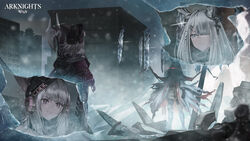  2girls absurdres animal_ears arknights bad_id bad_pixiv_id commentary_request fox_ears fox_girl frostleaf_(arknights) frostnova_(arknights) gloves glowing glowing_eye halberd headphones highres ice material_growth md5_mismatch meganeno_dokitsui multiple_girls one_eye_covered originium_(arknights) originium_arts_(arknights) oripathy_lesion_(arknights) polearm rabbit_ears rabbit_girl snow snowing weapon woollen_cap 