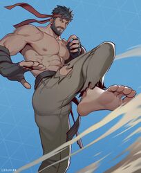  1boy abs ass bara barefoot beard bulge facial_hair feet fingerless_gloves foot_out_of_frame foot_up from_below gloves headband highres incoming_kick large_pectorals looking_at_viewer luxarian male_focus mature_male moustache muscular muscular_male navel nipples pants pectorals red_headband ryu_(street_fighter) short_hair soles solo stomach street_fighter street_fighter_6 thick_eyebrows thick_mustache toes topless_male torn_clothes torn_pants wind 