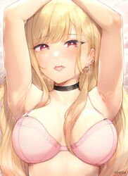  armpits arms_on_head arms_up artist_name black_choker blonde_hair blush bra breasts breasts_apart choker collarbone commentary earrings english_commentary eyelashes female frilled_bra frills furrowed_brow gradient_hair hair_over_breasts highres jewelry kimoshi kitagawa_marin lips long_hair looking_at_viewer medium_breasts mixed-language_commentary multicolored_hair open_mouth paid_reward_available piercing pink_bra red_eyes shiny_skin smile solo sono_bisque_doll_wa_koi_wo_suru stud_earrings swept_bangs teeth tongue tongue_out underwear upper_body upper_teeth_only variant_set 