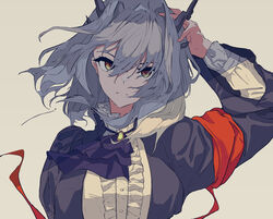  absurdres arknights armband bad_id bad_pixiv_id black_jacket breasts buttons closed_mouth commentary commission female grey_hair hair_ornament highres jacket jewelry long_hair long_sleeves looking_at_viewer necklace red_ribbon ribbon sarasa_dry shadow shirt simple_background skeb_commission solo standing talulah_(arknights) upper_body white_background yellow_eyes 