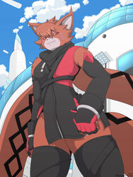  animal_humanoid anthro bandai_namco building cat_humanoid clothing colored cosplay costume crossover crossover_cosplay detailed_background digimon digimon_(species) domestic_cat felid felid_humanoid feline feline_humanoid felis female feral fur futuristic_theme house humanoid mammal mammal_humanoid markings meicrackmon orange_body orange_fur purple_markings red_eyes smile smirk solo tendrils tower winick-lim 