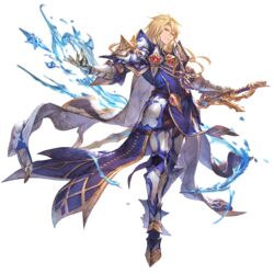  1boy aglovale_(granblue_fantasy) armor blonde_hair full_body gauntlets granblue_fantasy holding holding_weapon long_hair looking_at_viewer male_focus minaba_hideo official_art smirk solo sword transparent_background water weapon 