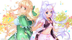  2girls :d absurdres animal_ear_fluff animal_ears bell blonde_hair bloomers blue_eyes cheat_kusushi_no_slow_life dress end_card flower frilled_dress frills green_dress green_eyes hair_flower hair_ornament hair_ribbon half_updo highres midriff mina_(cheat_kusushi_no_slow_life) multiple_girls navel noela_(cheat_kusushi_no_slow_life) oerba_yun_fang official_art open_mouth ribbon shutsuri smile tail underwear white_background white_hair wolf_ears wolf_girl wolf_tail 