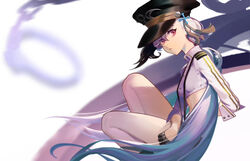  azur_lane black_gloves black_shorts blush breasts chrix crop_top cross_hair_ornament female gloves hair_between_eyes hair_ornament half_gloves hat highres long_hair looking_at_viewer minsk_(azur_lane) minsk_(thunderous_jailor)_(azur_lane) multicolored_hair necktie official_alternate_costume peaked_cap purple_eyes purple_hair shirt shorts solo suspenders very_long_hair white_hair white_shirt 