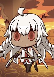  april_fools arrow_(projectile) arrow_in_body arrow_in_head braid chibi dark-skinned_female dark_skin fate/grand_order fate_(series) female gun highres holding holding_gun holding_sword holding_weapon lakshmibai_(fate) long_hair object_through_head official_art red_eyes riyo_(lyomsnpmp) scabbard sheath sleeveless solo sword twin_braids weapon white_hair 