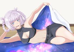  absurdres arm_support armpits bed_invitation belt black_belt black_shorts black_tank_top blue_eyes blunt_bangs breasts cleavage_cutout clothing_cutout collarbone crop_top female hair_rings head_rest highres lifting_covers light_purple_hair lying midriff nanakusa_nazuna_(yofukashi_no_uta) navel oerba_yun_fang on_side open_mouth ringed_eyes short_shorts shorts sleeveless sleeveless_turtleneck solo tank_top tenma_no_atelier thighs turtleneck vampire yofukashi_no_uta 