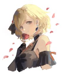  aco_gbfg arm_garter bare_shoulders black_dress black_gloves blonde_hair closed_mouth cropped_torso djeeta_(granblue_fantasy) dress earrings female flower gloves granblue_fantasy hair_behind_ear hair_ornament highres holding holding_flower jewelry looking_at_viewer petals rose short_hair simple_background sleeveless sleeveless_dress smile solo upper_body white_background 