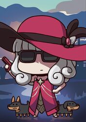  :3 april_fools black_bow black_ribbon bow canine carmilla_(fate) carmilla_(swimsuit_rider)_(fate) carmilla_(swimsuit_rider)_(first_ascension)_(fate) chibi dobermann dress fate/grand_order fate_(series) female grey_hair gun hand_on_own_hip hat hat_bow hat_ribbon highres holding holding_gun holding_weapon long_hair official_art red_dress red_headwear ribbon riyo_(lyomsnpmp) solo_focus sun_hat sunglasses weapon 