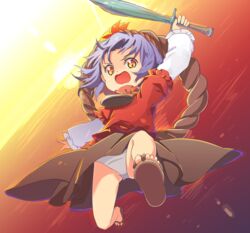  aged_down alternate_eye_color ass_visible_through_thighs attack autumn_leaves backlighting bad_id bad_pixiv_id brown_skirt clothes_lift commentary_request dutch_angle female frilled_sleeves frills frown gradient_eyes gradient_sky highres holding holding_sword holding_weapon jumping layered_clothes lens_flare long_sleeves looking_at_viewer mirror multicolored_eyes no_legwear ocean open_mouth orange_eyes orange_sky panties pantyshot purple_hair red_shirt reflection rope sandals serious shirt short_hair short_sleeves skirt skirt_lift sky solo sunset sword tatuhiro thighs toes touhou underwear weapon white_shirt yasaka_kanako yellow_eyes yellow_sky 