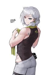  animal_ears bare_arms black_leotard blue_eyes braid bright_pupils contrapposto cowboy_shot doll_joints earphones english_text female from_behind girls_frontline grey_hair grey_pants highres ksvk_(girls_frontline) leotard looking_at_viewer looking_back microphone muscle muscular_female pandea_work pants pouch simple_background sleeveless smile solo standing toned towel towel_around_neck white_background 