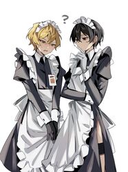  2boys ? absurdres alternate_costume apron black_dress black_gloves blonde_hair commentary_request crossdressing dress enmaided frilled_apron frills gloves highres limbus_company long_sleeves maid maid_headdress male_focus mu46016419 multiple_boys open_mouth project_moon short_hair sinclair_(project_moon) sweat white_apron white_background yellow_eyes yi_sang_(project_moon) 