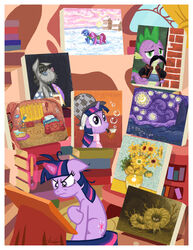  2012 annoyed book bookshelf border breath brush clothing equid equine female feral friendship_is_magic furniture hasbro hat headgear headwear horn inside inspired_by_formal_art janeesper library magic mammal my_little_pony mythological_creature mythological_equine mythology paintbrush panting signature sitting smartypants_(mlp) solo spike_(mlp) the_starry_night twilight_sparkle_(mlp) unicorn white_border window 