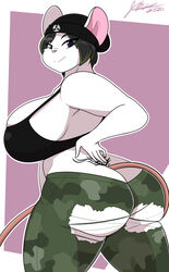  anthro ass beanie big_breasts big_butt blue_eyes bottomwear breasts butt_cleavage camo clothed clothing curvy_figure digital_media_(artwork) female fur hair hat headgear headwear hi_res highlights_(coloring) huge_breasts huge_butt jwinkz looking_at_viewer looking_back mammal mouse murid murine nora_watts_(lildredre) pants rodent simple_background smile solo tattoo thick_thighs topwear torn_bottomwear torn_clothing torn_pants tramp_stamp underbutt voluptuous white_body white_fur wide_hips 