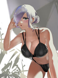  alternate_hairstyle black_panties blush breasts cerejeira_elron fate/grand_order fate_(series) female hair_over_one_eye highres kemu_jirou large_breasts long_hair looking_at_viewer official_alternate_costume open_mouth panties plant purple_lips swimsuit underwear 