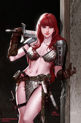  armor belt bikini_armor blood blood_on_gloves blood_on_weapon brown_gloves commentary earrings english_commentary female gloves highres holding holding_sword holding_weapon in-hyuk_lee jewelry long_hair navel over_shoulder pauldrons red_hair red_sonja red_sonja_(comics) shoulder_armor signature solo sword weapon weapon_over_shoulder web_address 