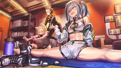  3girls :d adapted_costume animal_ear_fluff animal_ears arknights bare_shoulders beehunter_(arknights) black_footwear black_hair black_jacket black_pants black_shorts blonde_hair blurry boots crop_top feater_(arknights) flexible foot_out_of_frame gesoking grey_hair grey_shirt grin hair_over_one_eye hand_on_another&#039;s_shoulder hand_up highres indoors jacket long_sleeves looking_at_viewer midriff multicolored_hair multiple_girls navel nearl_(arknights) off_shoulder open_clothes open_jacket open_mouth panda_ears pants picture_frame ponytail shelf shirt short_hair short_shorts shorts sitting smile spread_legs stomach streaked_hair tears thighs unworn_boots white_jacket white_shorts 