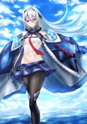  absurdres armpit_cutout azur_lane bare_shoulders belt black_belt black_footwear black_gloves black_legwear blue_cape blue_sky boots breasts cape casablanca_(azur_lane) clothing_cutout cloud collarbone commentary_request cowboy_shot crop_top elbow_gloves female floating_hair frown gloves grey_hair groin hair_between_eyes hair_ornament highres long_hair looking_at_viewer medium_breasts midriff miniskirt navel necktie ocean outstretched_arm pantyhose pleated_skirt purple_eyes purple_skirt red_necktie shirt sidelocks skirt sky sleeveless sleeveless_shirt solo standing thigh_boots thighhighs white_shirt yuryou_jime 