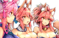  3girls animal_ear_fluff animal_ears animal_hands bare_shoulders bell bikini blue_bikini blue_ribbon breasts cat_paws china_dress chinese_clothes cleavage closed_eyes collar commentary_request detached_sleeves dress fate/extra fate/grand_order fate_(series) fox_ears fox_girl glasses gloves hair_ribbon japanese_clothes jingle_bell koyanskaya_(chinese_lostbelt_outfit)_(fate) koyanskaya_(fate) large_breasts long_hair meme multiple_girls multiple_persona neck_bell open_mouth paw_gloves pink_hair ponytail red_ribbon ribbon semi-rimless_eyewear simple_background swimsuit tamamo_(fate) tamamo_cat_(fate) tamamo_cat_(first_ascension)_(fate) tamamo_no_mae_(fate/extra) wanima_photo_(meme) white_background wisespeak yellow_eyes 