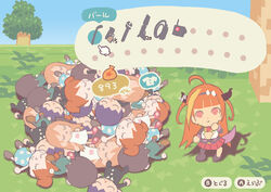  6+boys 6+girls ahoge animal_crossing blade_(galaxist) blue_sky bow breasts chibi cleavage closed_mouth crowbar day dragon_horns dragon_tail facing_viewer gameplay_mechanics grass gun hairband hitman_(game) hololive horn_bow horn_ornament horns kiryu_coco kiryu_coco_(1st_costume) long_hair multicolored_hair multiple_boys multiple_girls orange_hair outdoors parody purple_eyes sky style_parody tail thinking translated tree virtual_youtuber weapon wrench 