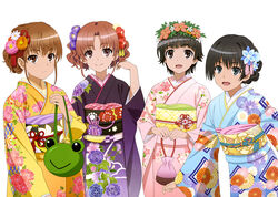  4girls :d absurdres alternate_costume black_hair black_kimono blue_eyes blue_flower blue_kimono brown_eyes brown_hair closed_mouth floral_print flower flower_wreath gekota gradient_kimono hair_flower hair_intakes hair_ornament hair_ribbon head_wreath highres japanese_clothes kimono looking_at_viewer medium_hair misaka_mikoto multiple_girls open_mouth orange_flower pink_flower pink_kimono print_kimono purple_flower purple_kimono red_flower red_ribbon ribbon saten_ruiko shirai_kuroko short_hair simple_background smile standing tied_hair toaru_kagaku_no_railgun toaru_kagaku_no_railgun_t toaru_majutsu_no_index twintails uiharu_kazari white_background white_flower wreath yellow_kimono yoshida_yuuko_(animator) yukata 