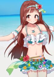  bad_id bad_pixiv_id bare_shoulders bikini blue_bikini blue_bow blue_hairband blue_sky blurry blurry_background blush bow breasts brown_eyes brown_hair chobi_(penguin_paradise) cleavage closed_mouth collarbone commentary_request day depth_of_field female floral_print flower hairband hairbow idolmaster idolmaster_million_live! long_hair looking_at_viewer medium_breasts navel ocean outdoors red_flower sky smile solo swimsuit tanaka_kotoha very_long_hair 