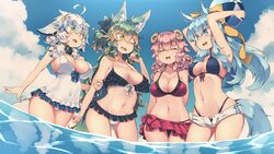  4girls ahoge animal_ears bare_shoulders bikini black_bikini blue_hair blue_sky breasts cleavage cloud day green_eyes green_hair highres kuromiya kuromiya_raika_(kuromiya) kuzakura_mika_(kuromiya) large_breasts long_hair looking_at_another multicolored_hair multiple_girls navel ocean one-piece_swimsuit one_eye_closed open_mouth original outdoors partially_submerged shiromiya_asuka_(kuromiya) sky smile souma_ren_(kuromiya) standing stomach swimsuit two-tone_hair white_hair white_one-piece_swimsuit 