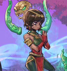  bare_shoulders breasts brown_hair dark-skinned_female dark_skin dress female fingerless_gloves floating floating_object gloves grass green_pants green_shirt karma_(league_of_legends) league_of_legends looking_at_hands magic outdoors own_hands_together pants phantom_ix_row pink_eyes purple_background red_dress red_gloves shirt short_hair sidelocks small_breasts solo sweat tentacle tree 