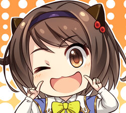  ;d blue_capelet blush bow bowtie brown_eyes brown_hair capelet collared_shirt commentary_request draph female fingers_to_cheeks granblue_fantasy hair_bobbles hair_intakes hair_ornament hairband highres horns long_sleeves looking_at_viewer luupechi one_eye_closed open_mouth orange_background portrait shirt short_hair sidelocks smile solo white_shirt yaia_(granblue_fantasy) yellow_bow 