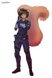  2:3 absurd_res alpha_channel anthro blue_eyes brown_body brown_fur brown_hair capcom clothing cosplay dexter_manning_(sniperwaffle115) ear_piercing flesh_tunnel fluffy fluffy_tail fur gauged_ear gun hair handgun hi_res male mammal piercing police police_uniform ranged_weapon resident_evil rodent sciurid solo tail tragicfame uniform vp70 weapon 