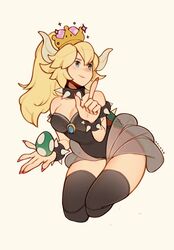  armlet black_leotard black_thighhighs blonde_hair blue_eyes bowsette bracelet breasts cleavage collar commentary cowboy_shot cropped_legs egg english_commentary female highres horns jewelry large_breasts leotard long_hair mario_(series) medium_breasts new_super_mario_bros._u_deluxe oxcoxa pink_nails pointing ponytail simple_background solo spiked_armlet spiked_bracelet spiked_collar spikes super_crown thighhighs 