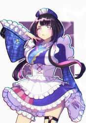  apron black_hair black_ribbon blue_headwear blue_kimono blue_skirt blush breasts chromatic_aberration collar colored_inner_hair female flower frilled_apron frilled_collar frilled_kimono frilled_skirt frilled_sleeves frills gradient_eyes hair_flower hair_ornament hair_ribbon hand_on_own_cheek hand_on_own_face headwear_request heart_o-ring highres hina_misora japanese_clothes kimono kimono_skirt large_breasts lolita_fashion long_hair looking_at_viewer low-tied_long_hair maid maid_apron multicolored_clothes multicolored_eyes multicolored_hair multicolored_skirt o-ring o-ring_thigh_strap pink_eyes pink_hair pink_ribbon pink_skirt pout ribbon ribbon-trimmed_sleeves ribbon_trim skirt solo star_(symbol) star_print streaked_hair thigh_strap trebas two-tone_hair v-shaped_eyebrows virtual_youtuber wa_maid wactor_production white_apron wide_sleeves yellow_eyes 