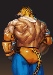  1boy absurdres ass bara bodysuit brown_background elbow_pads feet_out_of_frame gauntlets gloves highres king_(tekken) korean_commentary looking_to_the_side male_focus manly mask mature_male muscular muscular_male pants simple_background solo tail tekken thick_arms thick_thighs thighs tiger_mask_(object) tiger_tail tight_clothes traver009 